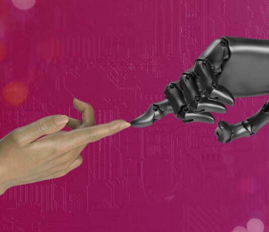 일상에 스며든 AI 건강 관리…똑똑하게, 가볍게 실천하는 법 two hands touching each other in front of a pink background